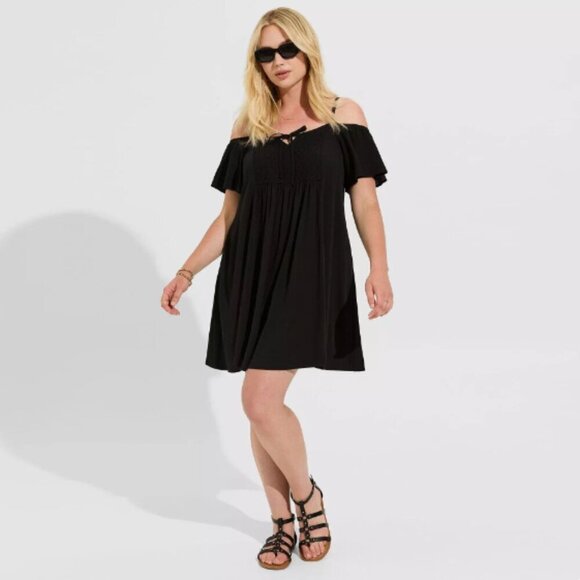 Torrid NWT Mini Gauze Cold Shoulder Trapeze Dress Black  Size L (0) - Picture 2 of 16